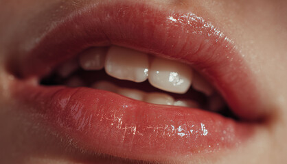 Macro close-up of a woman's beautiful shiny lips with clear gloss and perfect skin