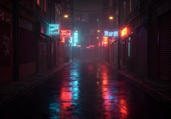 Atmospheric wet street at night with glowing neon signs and their reflections on the rainy pavement, capturing a vibrant, moody cyberpunk aesthetic.
