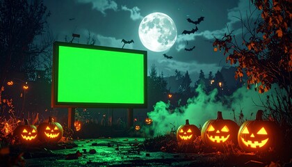 A spooky Halloween night with jack-o'-lanterns and a bright full moon, featuring a green screen billboard