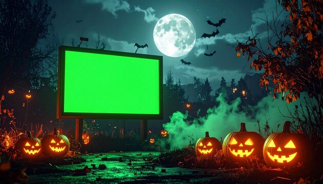 A spooky Halloween night with jack-o'-lanterns and a bright full moon, featuring a green screen billboard - Powered by Adobe