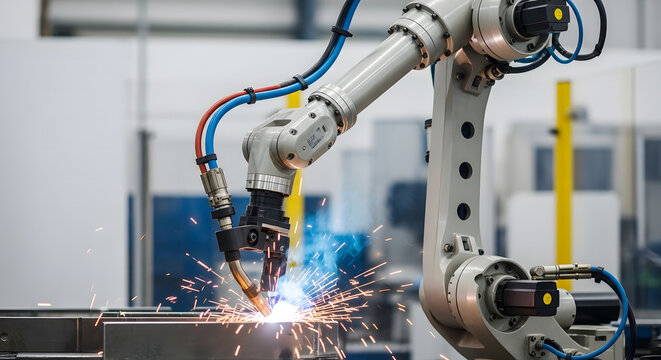 Humanoid robot interacting with futuristic holographic interface in a high-tech laboratory setting