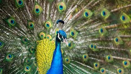 Obraz premium A vibrant peacock displays its stunning iridescent plumage, showcasing a mix of blues, greens, and yellows.
