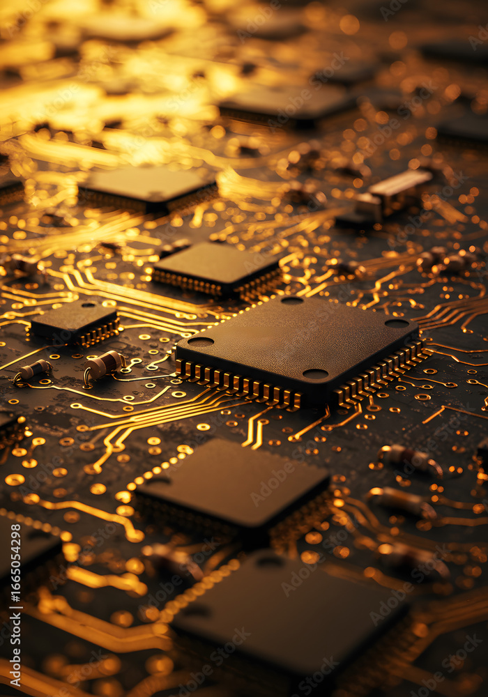 Aufkleber circuit board tech: an eye-level shot showcases the intricate architecture of a circuit board, with 
