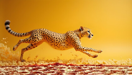 Fast-moving cheetah running on a pizza topping in surreal concept art