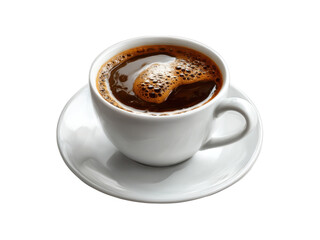 White ceramic coffee cup filled with dark hot coffee and foam on saucer isolated on black image, Isolated, Png Transparent Background