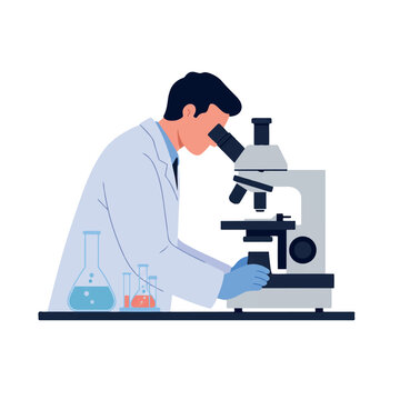 A dedicated scientist observes samples through a modern microscope in a clean laboratory setting, presented as a minimalist 2D flat vector illustration.
