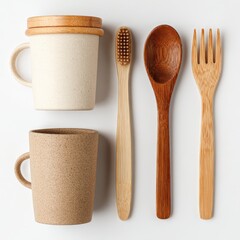 Eco-friendly kitchenware and bathroom items on white