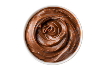 Creamy chocolate spread swirled in a white bowl isolated on transparent background