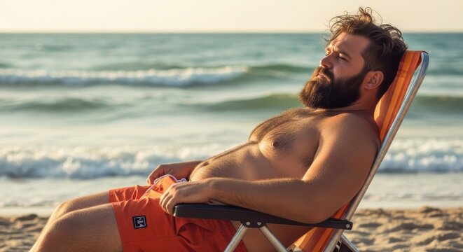 Bearded male relaxing on beach chair by ocean at sunset