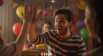 Young man celebrating with friends and giving high five at birthday party indoors  