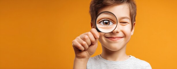 The Boy with a Magnifying Glass Winking and Smiling against an Orange Background