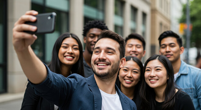 man taking selfie with team. Group of friends taking selfie with smiles in urban setting  