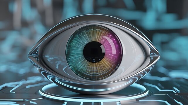 Futuristic Chrome Eye on Circuit Board Symbolizing Artificial Intelligence and Advanced Technology in the Digital Age and Cybernetics Era
