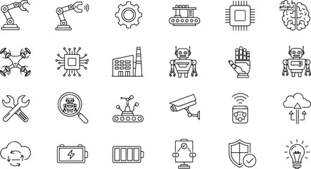 Assortment of Technological Icons Representing Robotics, AI, and Automation for Industry and Innovation