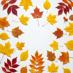 Fototapeta premium Autumnal Wreath: A vibrant arrangement of fall foliage, including maple, oak, and other leaves, artfully arranged to form a wreath-like design, capturing the essence of autumn.