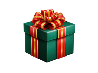 Obraz premium Green gift box with red and gold striped ribbon and bow on black background present, Isolated, Png Transparent Background