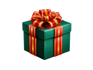 Green gift box with red and gold striped ribbon and bow on black background present, Isolated, Png Transparent Background