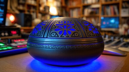 Ornate, round diffuser with blue light, sits on wooden surface amidst bookshelves