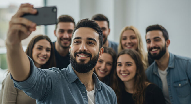 Group of friends smiling while taking selfie indoors in bright space, man with team