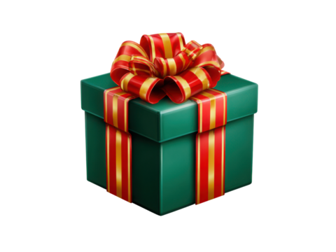 Green gift box with red and gold striped ribbon and bow on black background present, Isolated, Png Transparent Background