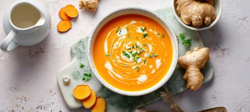 The Carrot Ginger Soup Bowl Garnished with Cream and Thyme on Marble Board