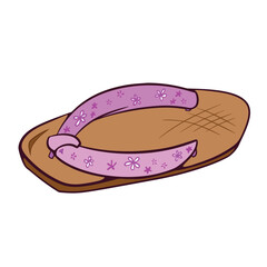 Flat thin bamboo sandal with pink strap decoration. Colorful cartoon art styled drawing with outlines isolated on square white background.