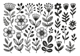 Floral Hand Drawn Brush Set, leaves, flowers, blossom, flowers and leaves with ink brush texture, Hand drawn doodle flower, floral leaf elements in brush stroke ink style. Vector illustration