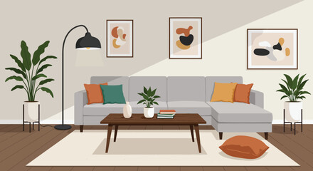 A modern living room with a gray couch and colorful pillows and plants