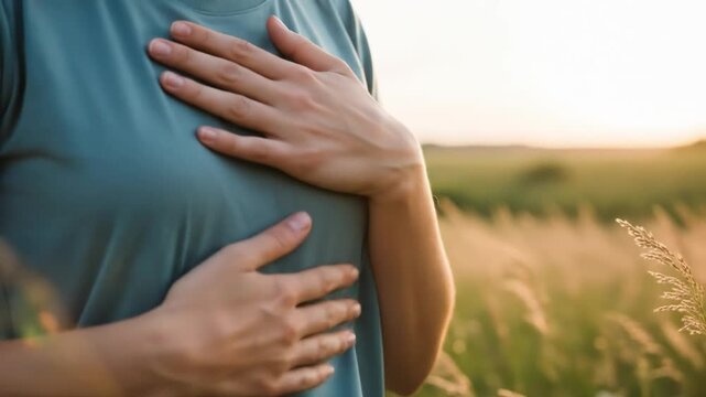 Woman's Gentle Embrace in golden Wheat Field, Showing Gestures of Self-Care and Reassurance,
