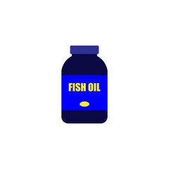 Fish oil logo icon sign. Omega-3 nutrition capsules in a bottle emblem. Fatty liquid of cod-liver extract, supplement. Organic vitamin essential in package. Vintage 80s 90s 00s old simple design