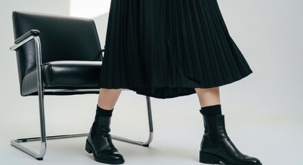 Fashionable female in black skirt and boots by chair