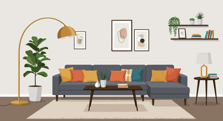 Fototapeta premium A modern living room with a gray couch and colorful pillows and decor