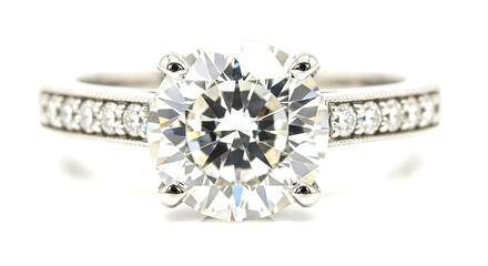 A stunning round brilliant cut diamond engagement ring with a platinum band, showcasing its exceptional clarity and sparkle, isolated