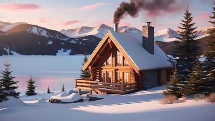 A rustic wooden cabin nestled in snowy mountains, warm golden light glowing from its windows as the sun sets behind snow-capped peaks