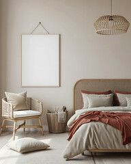 Cozy bedroom scene with a blank frame on the wall above a chair and a bed with warm bedding and a unique pendant light