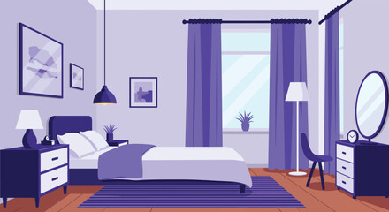 A modern purple bedroom with a bed and furniture
