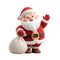Cute Santa Claus Waving with Sack of Gifts Isolated on Transparent White Background