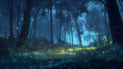 Enchanting Forest Scene with Fireflies in Misty Twilight Glow