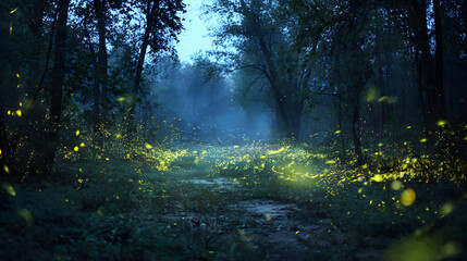 Obraz premium Enchanted Forest Path with Glowing Fireflies at Dusk