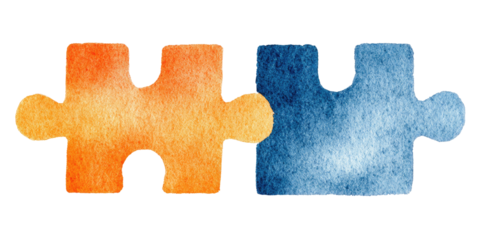 Two watercolor puzzle pieces, orange and blue, joined