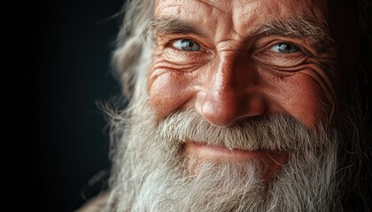 Elderly Gentleman Sporting A Lengthy Beard And Warm Grin Against A Dark Background - A Portrait Of Timelessness And Joy.