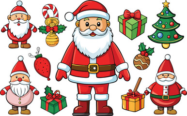 Vector art of collection of cute cartoon santa claus figures, christmas trees, gifts, and ornaments