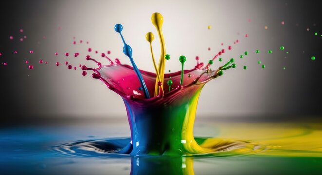 Dynamic Crown Splash of Colliding Magenta, Blue, and Yellow Liquids