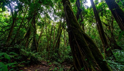 Naklejka premium Towering Moss-Covered Trees in a Lush Rainforest, Sun Beams Filtering Through the Canopy