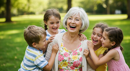 Happy senior woman laughing with four grandchildren in a green park  