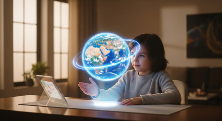 Young Girl Interacting with Holographic Earth Globe, Future Technology Concept