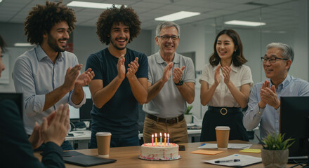 Office team clapping and celebrating birthday with cake and applause in casual attire  