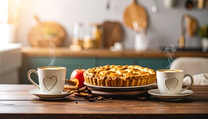 Cozy autumnal scene featuring a warm  pie and steaming cups of coffee on a wooden table in a kitchen setting.