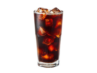 Tall glass of dark cold brew coffee filled with ice cubes against a black background drink beverage, Isolated, Png Transparent Background