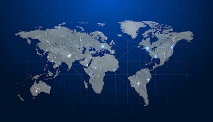 A stylized world map with glowing lines connecting various points, set against a dark blue background
